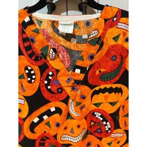 Cotton & Co. Pumpkin Print Scrub Top Size Medium Black Orange White 100% Cotton
